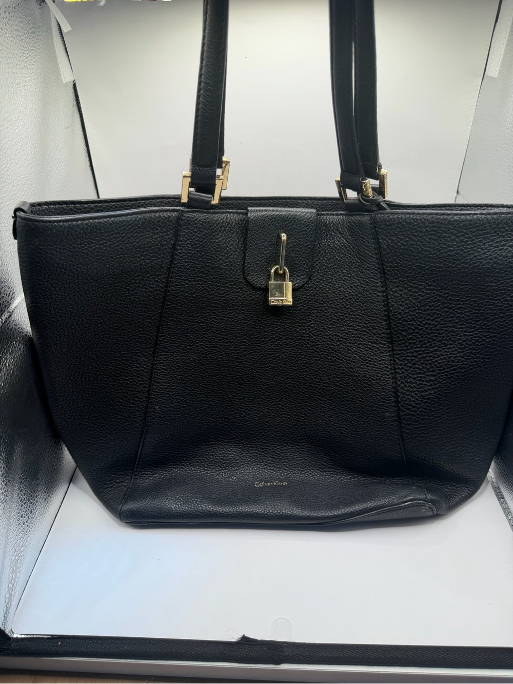 Calvin Klein Black Pebbled Faux Leather Tote Bag Gold Padlock Accent